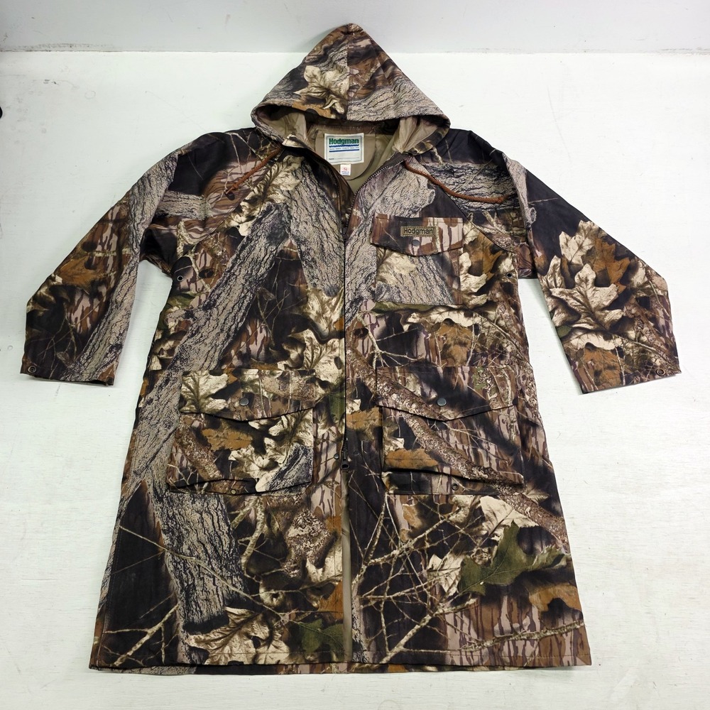 Vintage Hodgman Camo PVC‎ Rain Coat Jacket Men's Sz S Hooded Mossy Oak Breakup